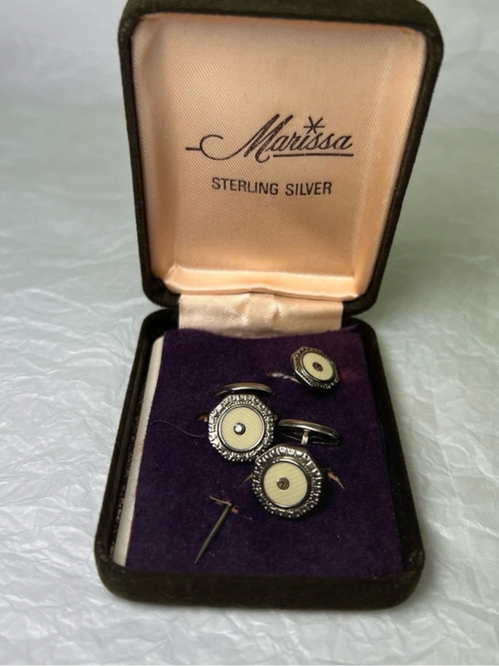 Vintage Sterling Silver Cufflinks & Stick Pin Set Cream Guilloché Rhinestone Mar
